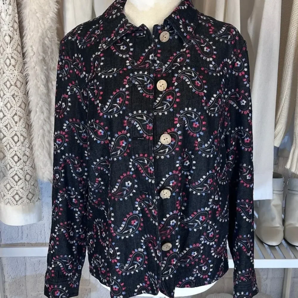 Coldwater Creek Women's Sz M Petite Dark Denim Paisley Embroidered Jacket #0191 - Picture 1 of 10